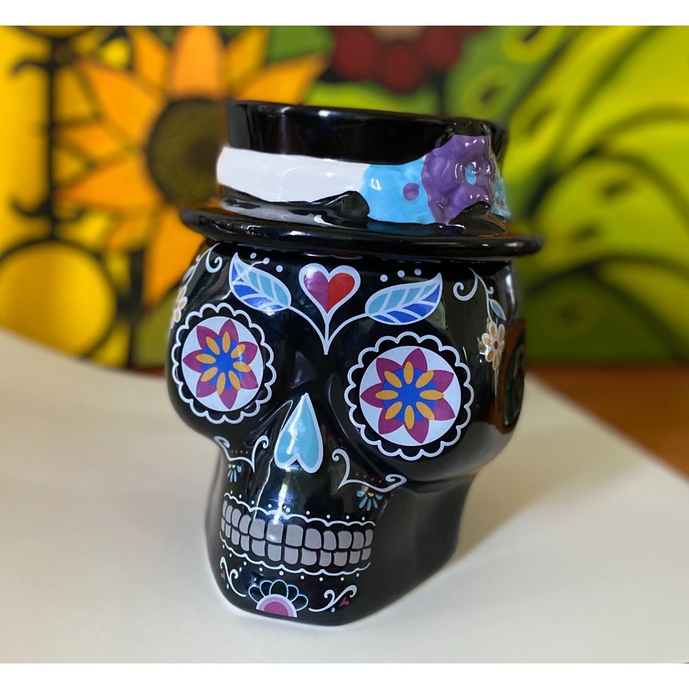 Sugar Skull Day Of The Dead -‎ Halloween Candy Jar Black Cookie Jar 6.5"